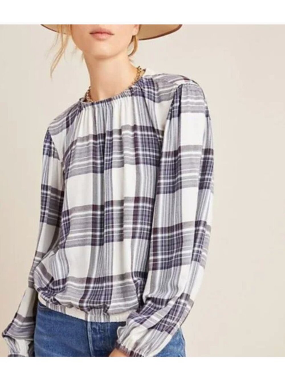 Anthropologie Cloth & Stone Plaid Peasant Blouse Womens S Navy White Long Sleeve
